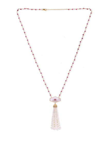 Shafaf Tassel necklace in rock Crystals, set in 92.5 Sterling Silver with Gold plating, strung in red Quartz and crystals.