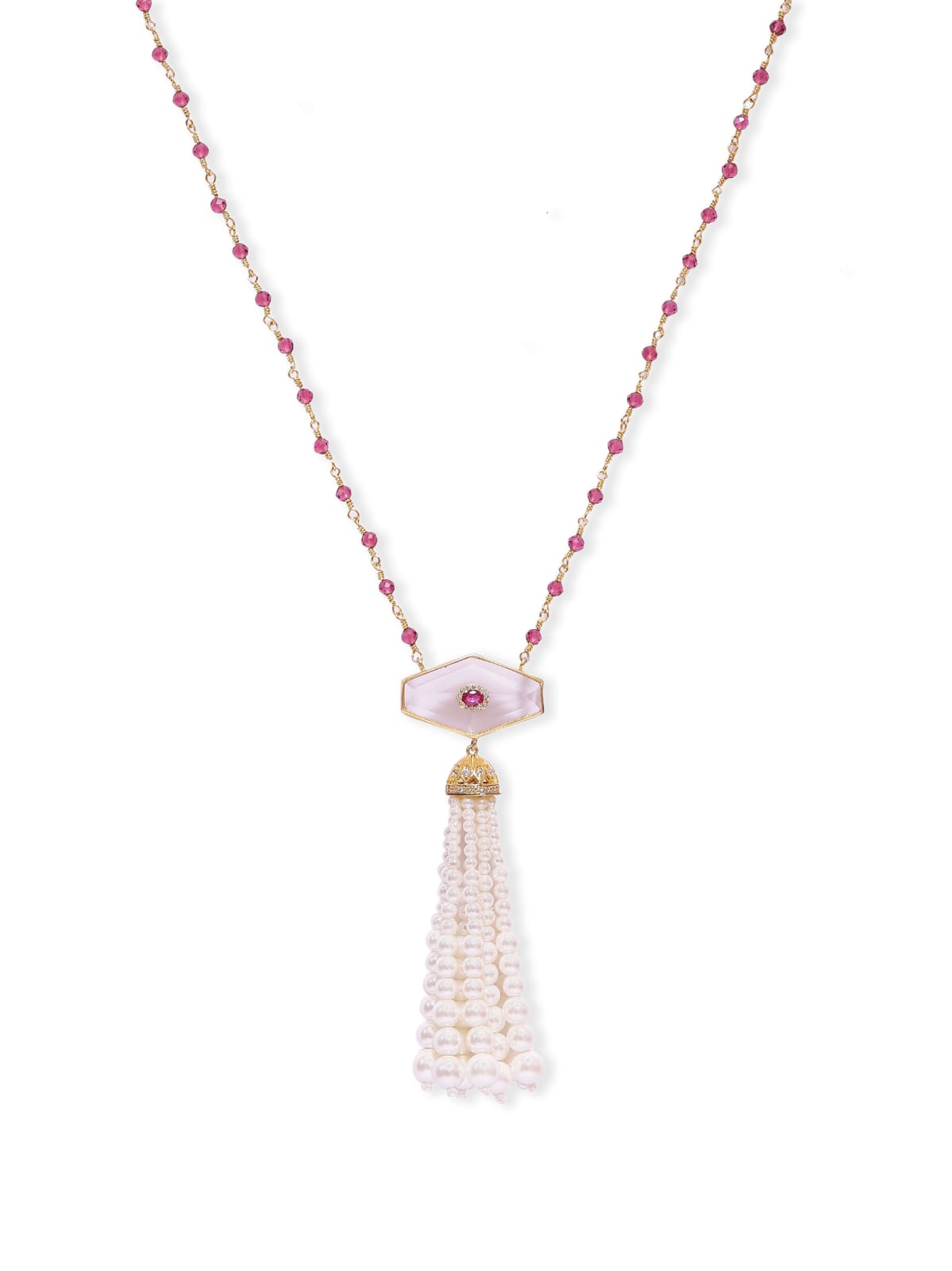 Shafaf Tassel necklace in rock Crystals, set in 92.5 Sterling Silver with Gold plating, strung in red Quartz and crystals.