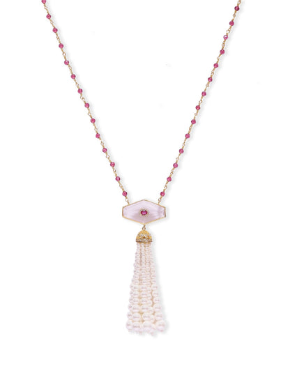 Shafaf Tassel necklace in rock Crystals, set in 92.5 Sterling Silver with Gold plating, strung in red Quartz and crystals.