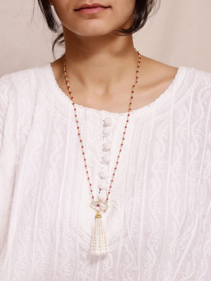 Shafaf Tassel necklace in rock Crystals, set in 92.5 Sterling Silver with Gold plating, strung in red Quartz and crystals.