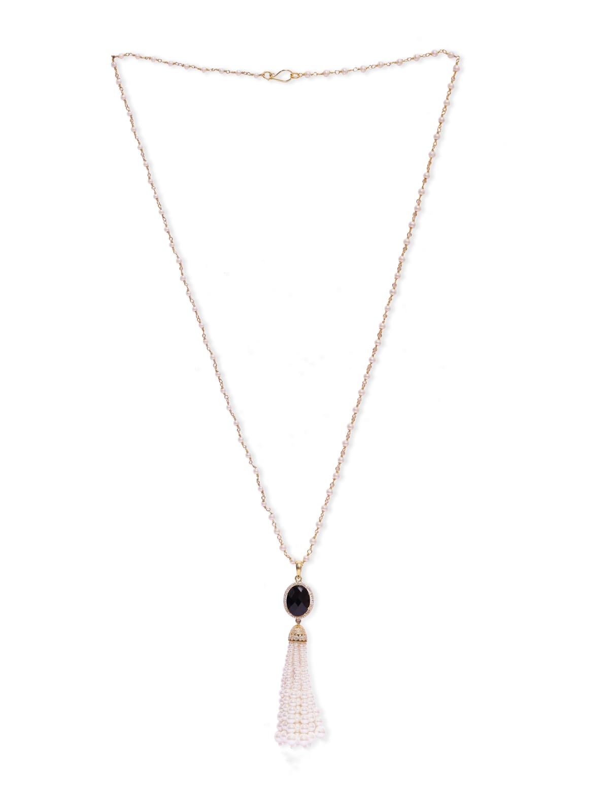 Black Onyx Tassel necklace in 92.5 
Sterling Silver with faceted black Onyx and Peals with cz.