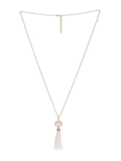 Rose Quartz Tassel necklace in 92.5
Sterling Silver necklace faceted rose Quartz and Pearls with cz.