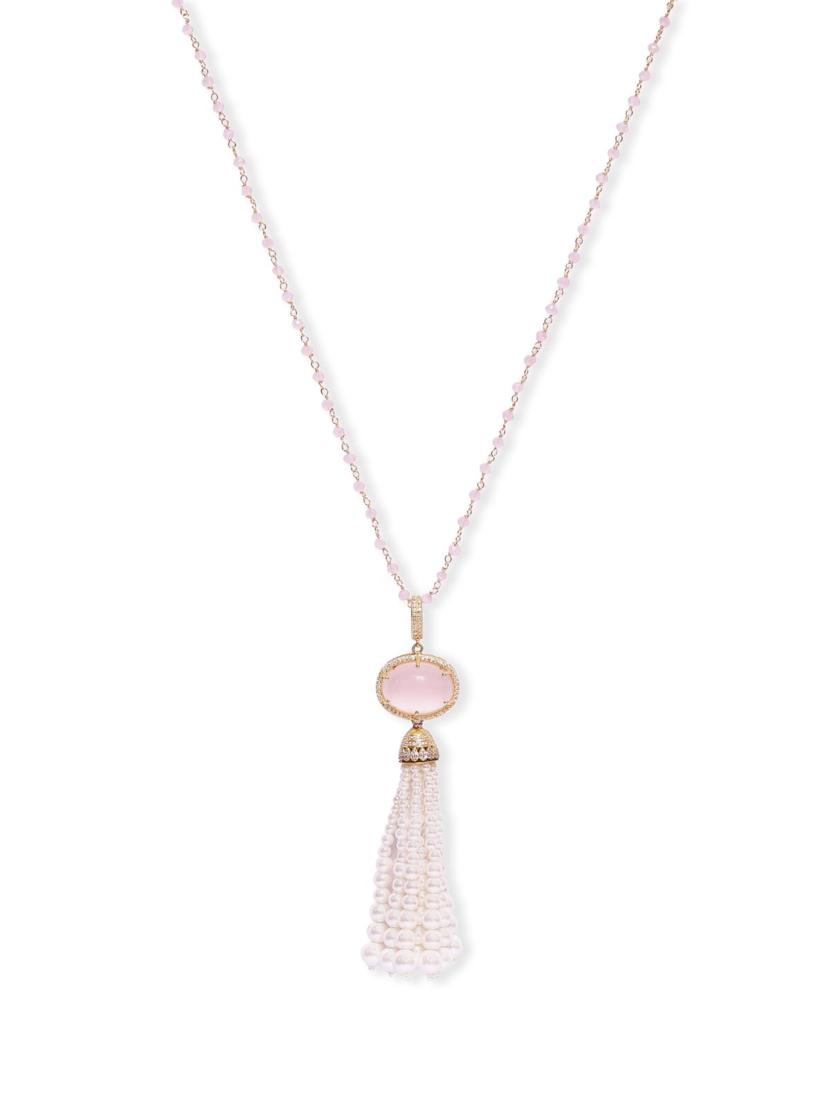 Rose Quartz Tassel necklace in 92.5
Sterling Silver necklace faceted rose Quartz and Pearls with cz.