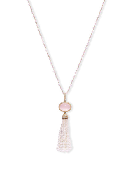 Rose Quartz Tassel necklace in 92.5
Sterling Silver necklace faceted rose Quartz and Pearls with cz.