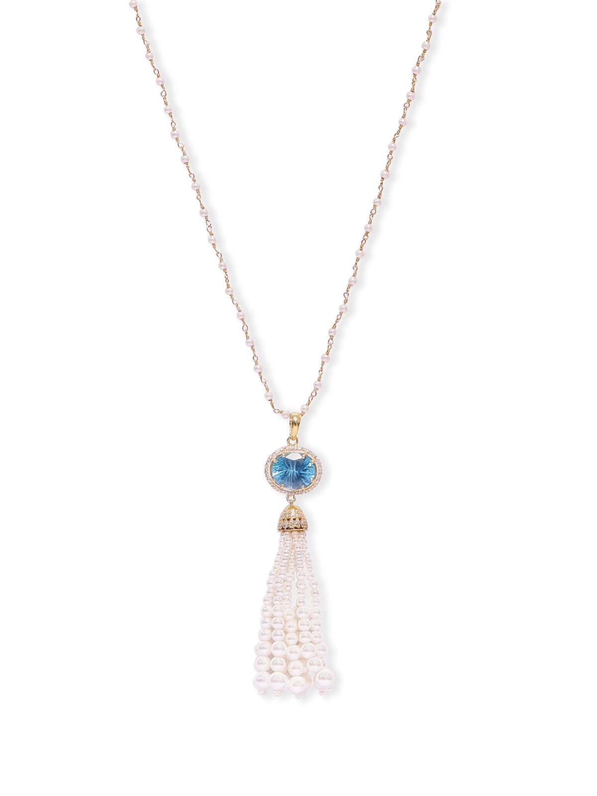 Blue Topaz Tassel necklace in 92.5
Sterling Silver with faceted blue Topaz and Pearls with cz.
Length 22 inches.
8450/-