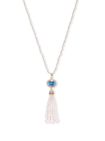 Blue Topaz Tassel necklace in 92.5
Sterling Silver with faceted blue Topaz and Pearls with cz.
Length 22 inches.
8450/-