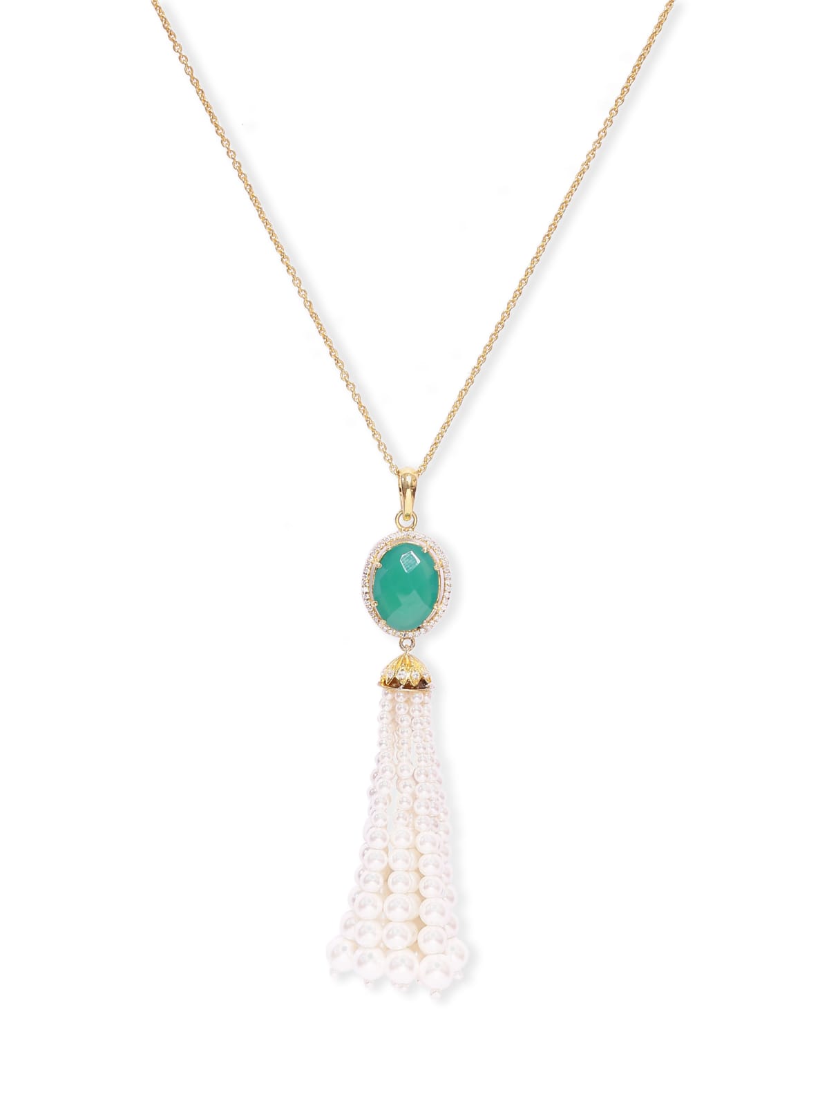 Green Onyx Tassel necklace in 92.5 
Sterling Silver with faceted green Onyx and Pearls with cz.