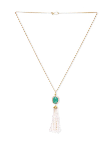 Green Onyx Tassel necklace in 92.5 
Sterling Silver with faceted green Onyx and Pearls with cz.