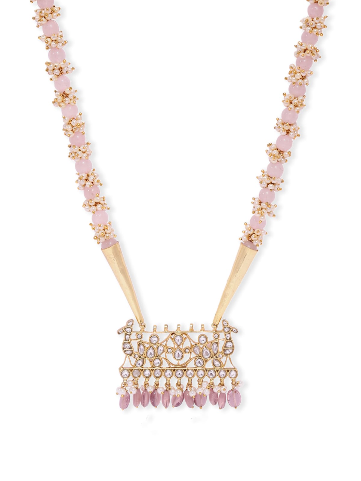 Gulaab necklace handcrafted in 92.5 Sterling Silver with Billor-Polki in Rose Quartz and Pearls strung together.
Length - 26 inches.