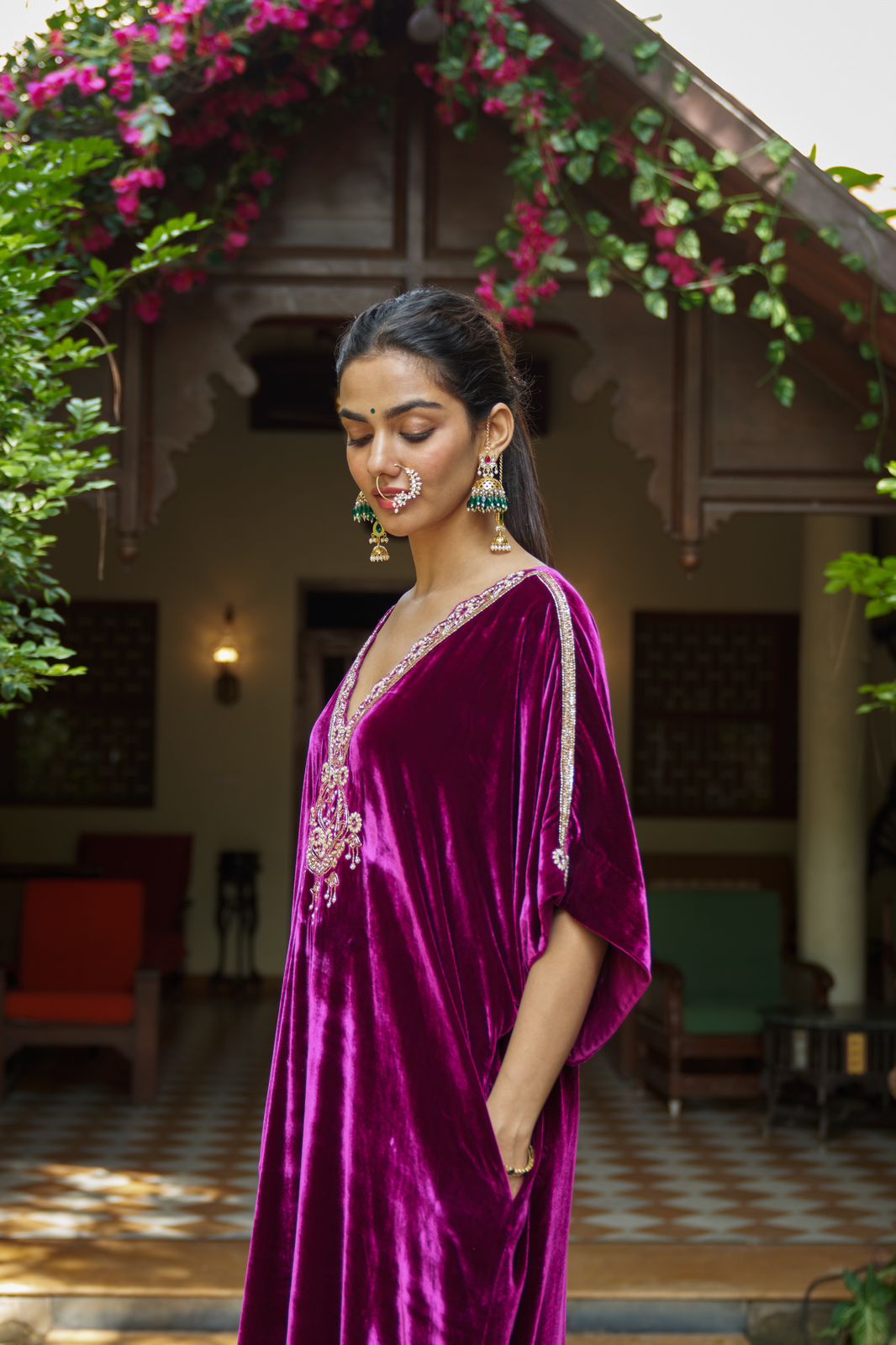 Kashmiri jhumka in 92.5 Sterling Silver, double jhumka with chain in Jadau tops with Polki, green Onyx and enamelling in 
Push-Post closure.