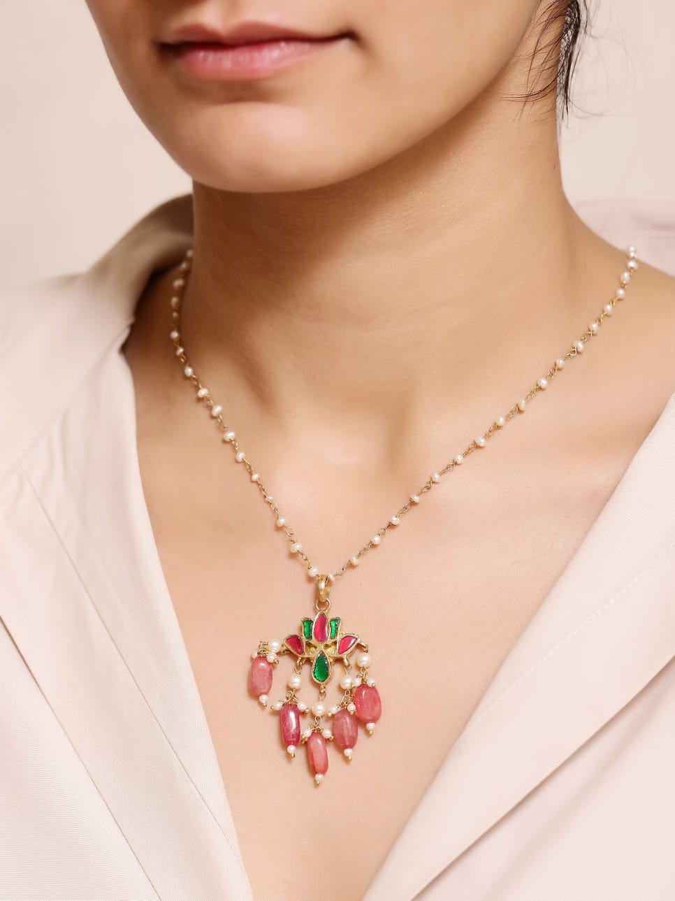 Pankaj necklace in 92.5 Sterling Silver handcrafted and dipped in 1 micron Gold plating with Jadau-Polki and beaded Pearls.