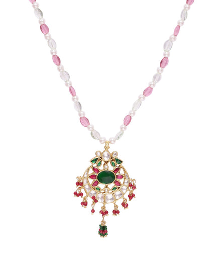 Saanjh necklace in 92.5 Sterling Silver handcrafted and dipped in 1 micron Gold plating with Jadau and traditional Polki enameled tourmaline.