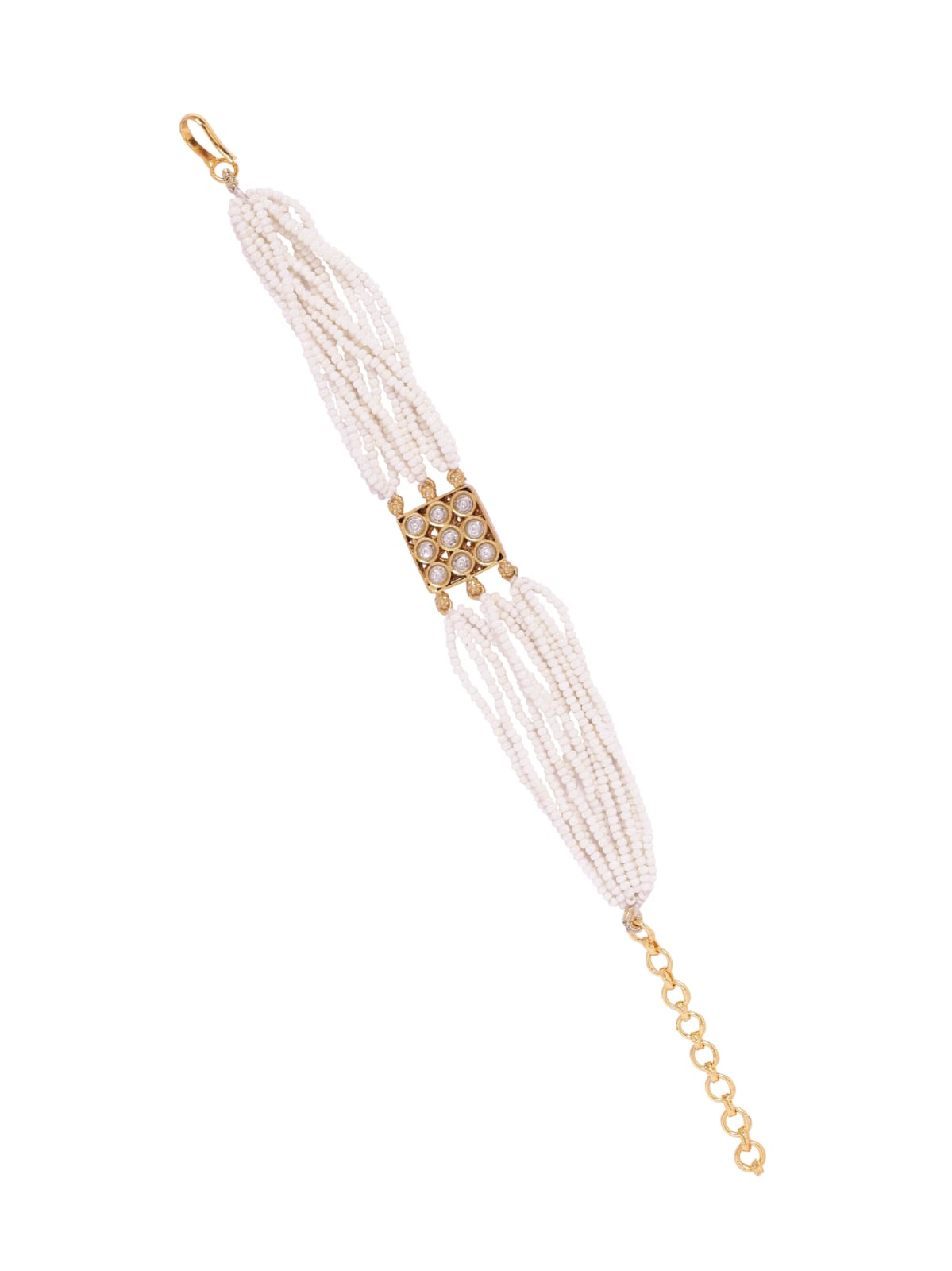 Amaya bracelet in 92.5 Sterling Silver handcrafted and dipped in 1 micron Gold plating with Jadau in traditional Pearls and Polki.