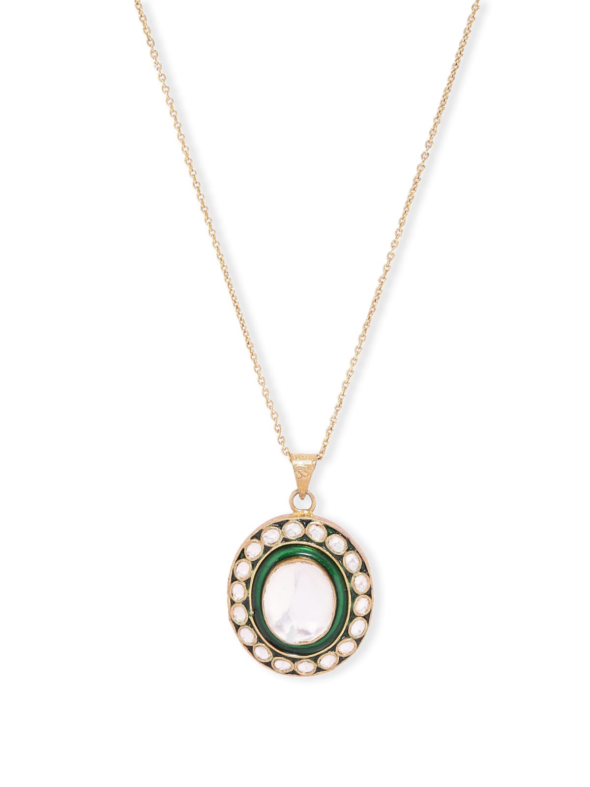 Hara Meena necklace in 92.5 Sterling Silver handcrafted and dipped in 1 micron Gold plating with
Glass Polki and green Enamel, Strung in Silver.