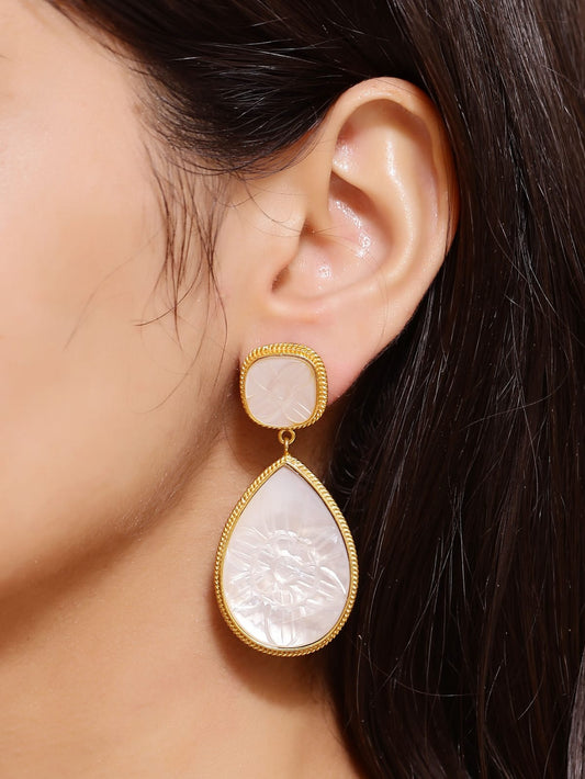 Shwet earrings in 92.5 Sterling Silver handcrafted and dipped in 1 micron Gold plating with carved Mother of Pearl.