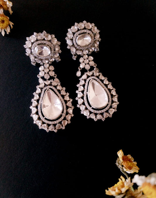 Victoria earrings in 92.5 Sterling Silver handcrafted and dipped in 1 micron Gold plating with Jadau-Moissonite in Pearl Diamond in antique Silver.