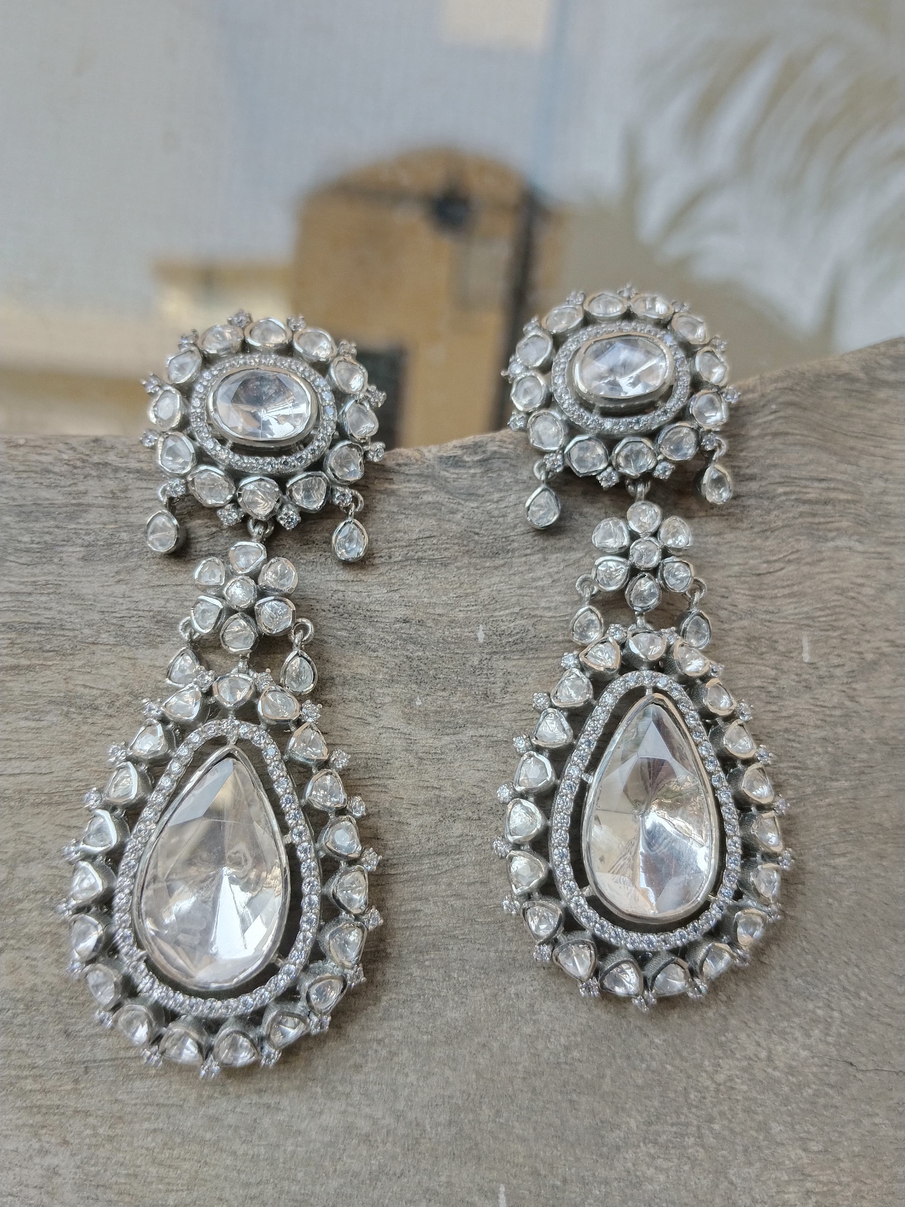Victoria earrings in 92.5 Sterling Silver handcrafted and dipped in 1 micron Gold plating with Jadau-Moissonite in Pearl Diamond in antique Silver.