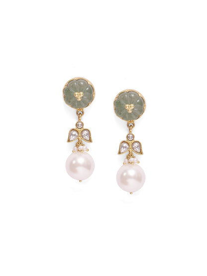 Trisha earrings in 92.5 Sterling Silver handcrafted and dipped in 1 micron Gold plating with carved Jadau-Pearls.