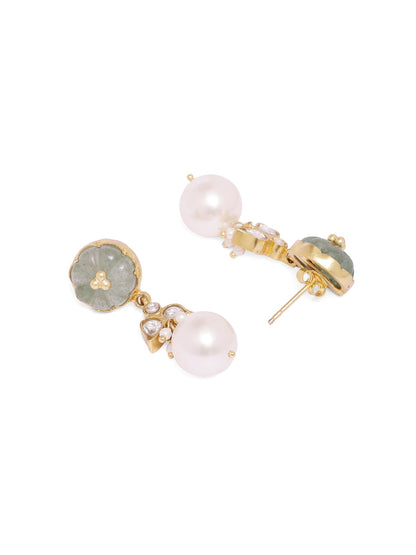 Trisha earrings in 92.5 Sterling Silver handcrafted and dipped in 1 micron Gold plating with carved Jadau-Pearls.