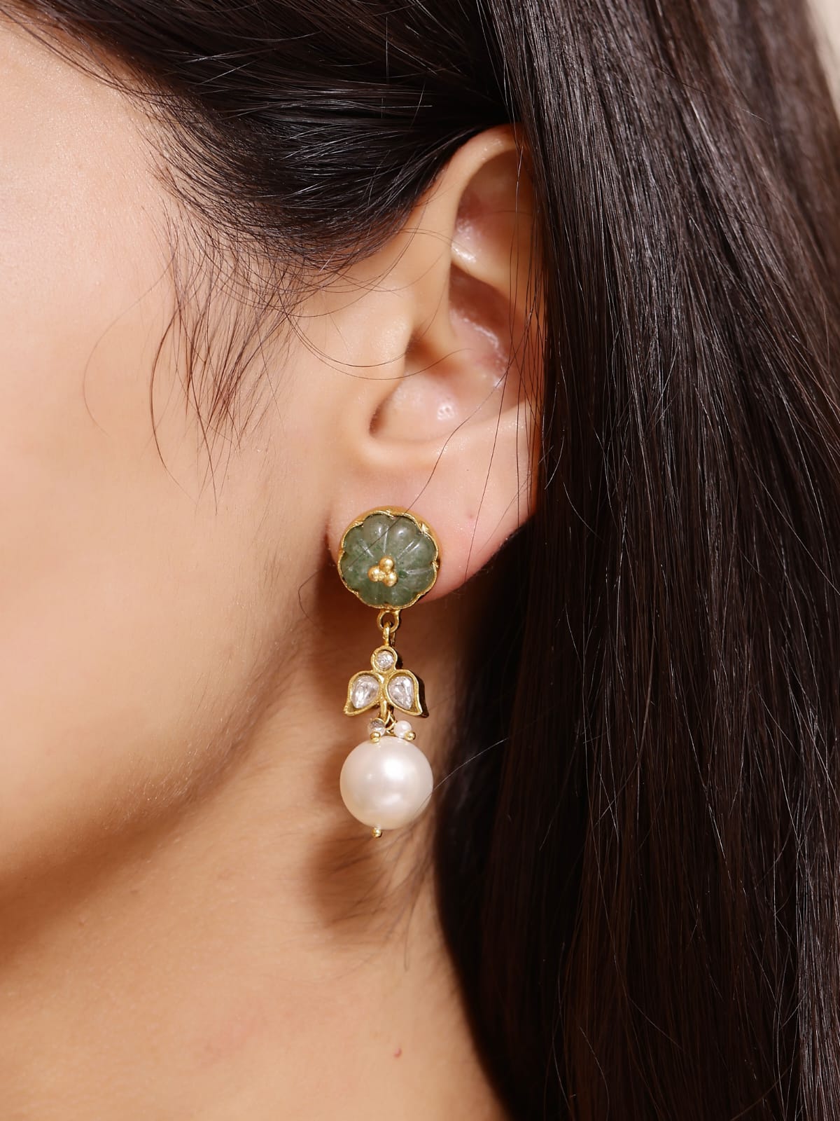 Trisha earrings in 92.5 Sterling Silver handcrafted and dipped in 1 micron Gold plating with carved Jadau-Pearls.