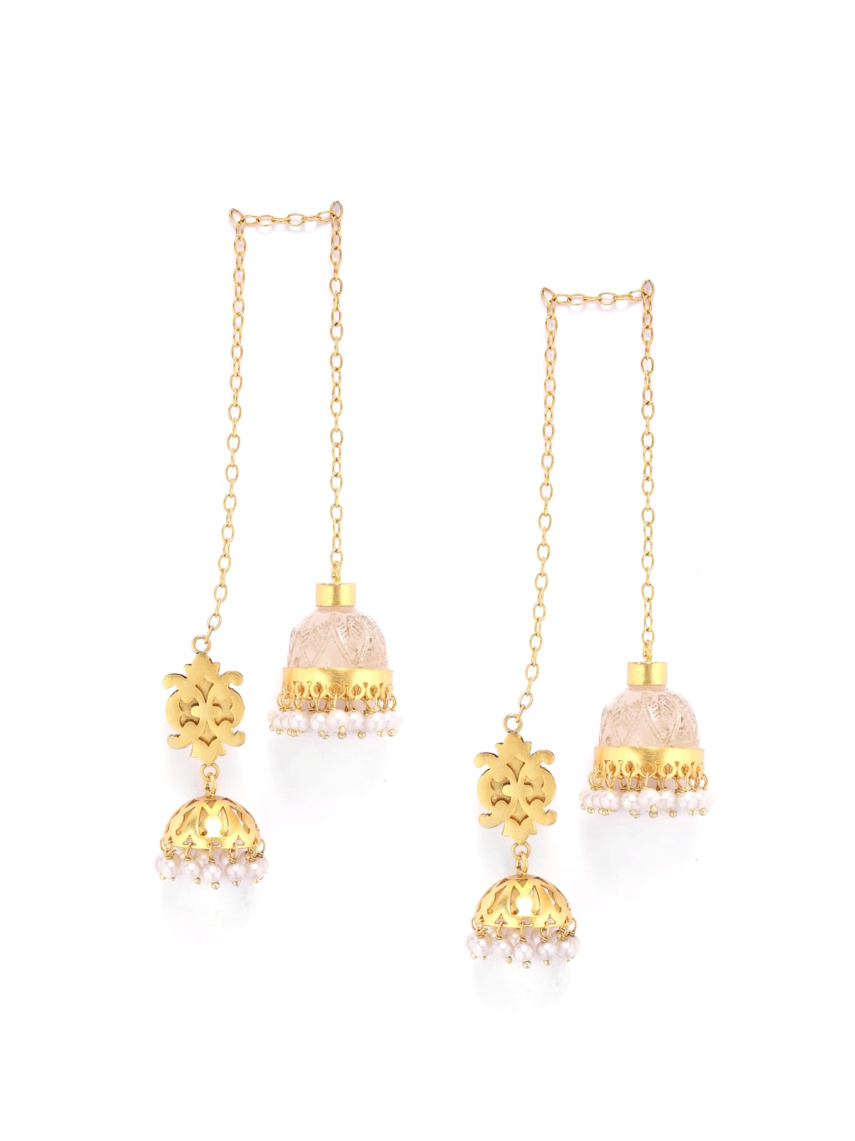 Veena earrings, kashmiri jhumka in 92.5 Sterling Silver handcrafted and dipped in 1 micron Gold plating with rose Quartz, double jhumka.