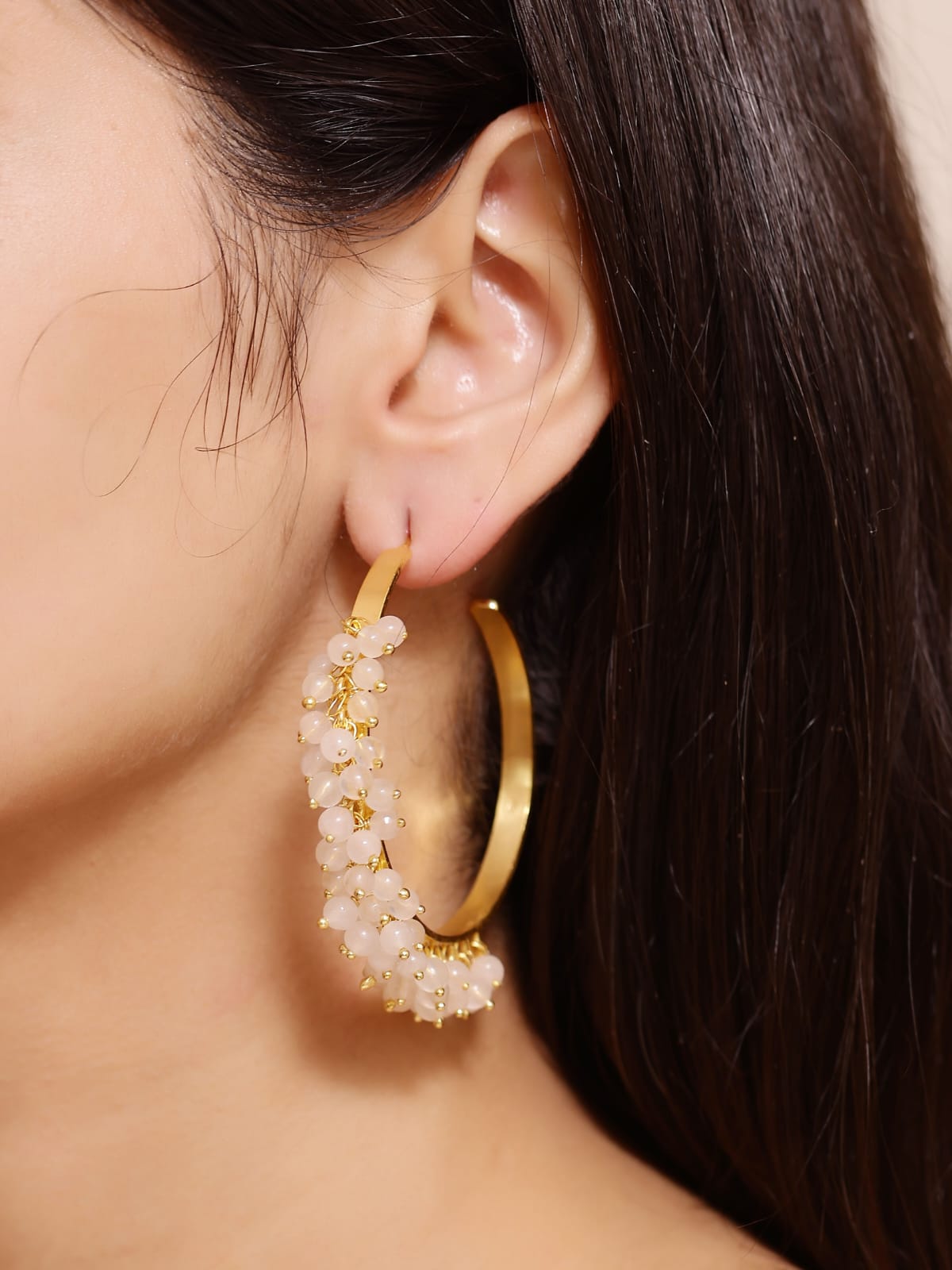 Mehwish earrings in 92.5 Sterling Silver handcrafted and dipped in 1 micron Gold plating with rose Quartz beaded hoops.