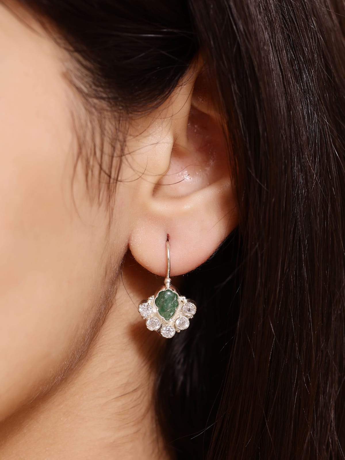 Jiya earrings in 92.5 Sterling Silver handcrafted and dipped in 1 micron Gold plating with Silver in antique finish with Zircon and grapes, Aventurine earrings.