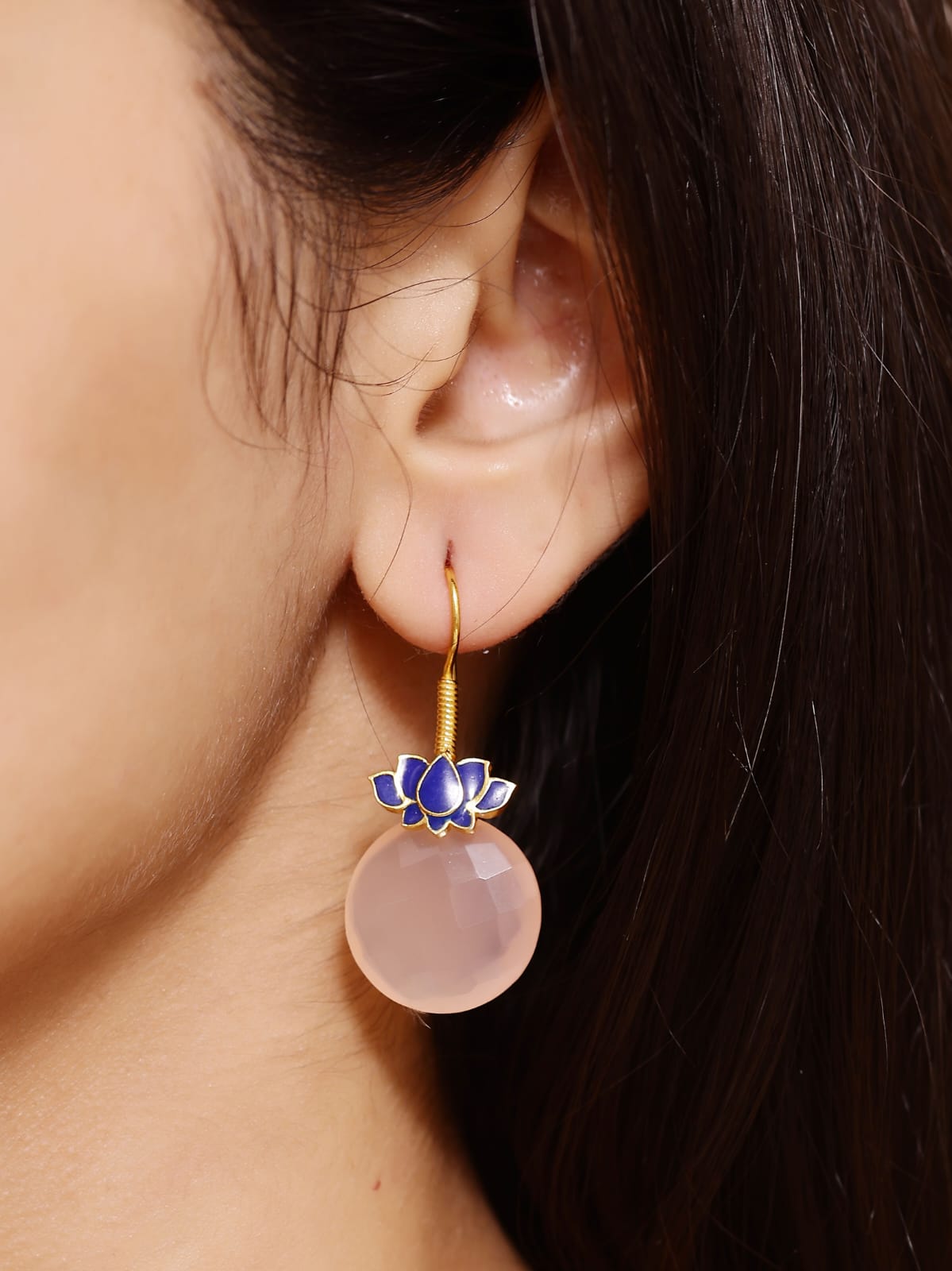 Kamal earrings in 92.5 Sterling Silver handcrafted and dipped in 1 micron Gold plating with Enamel in pink Chalcy.