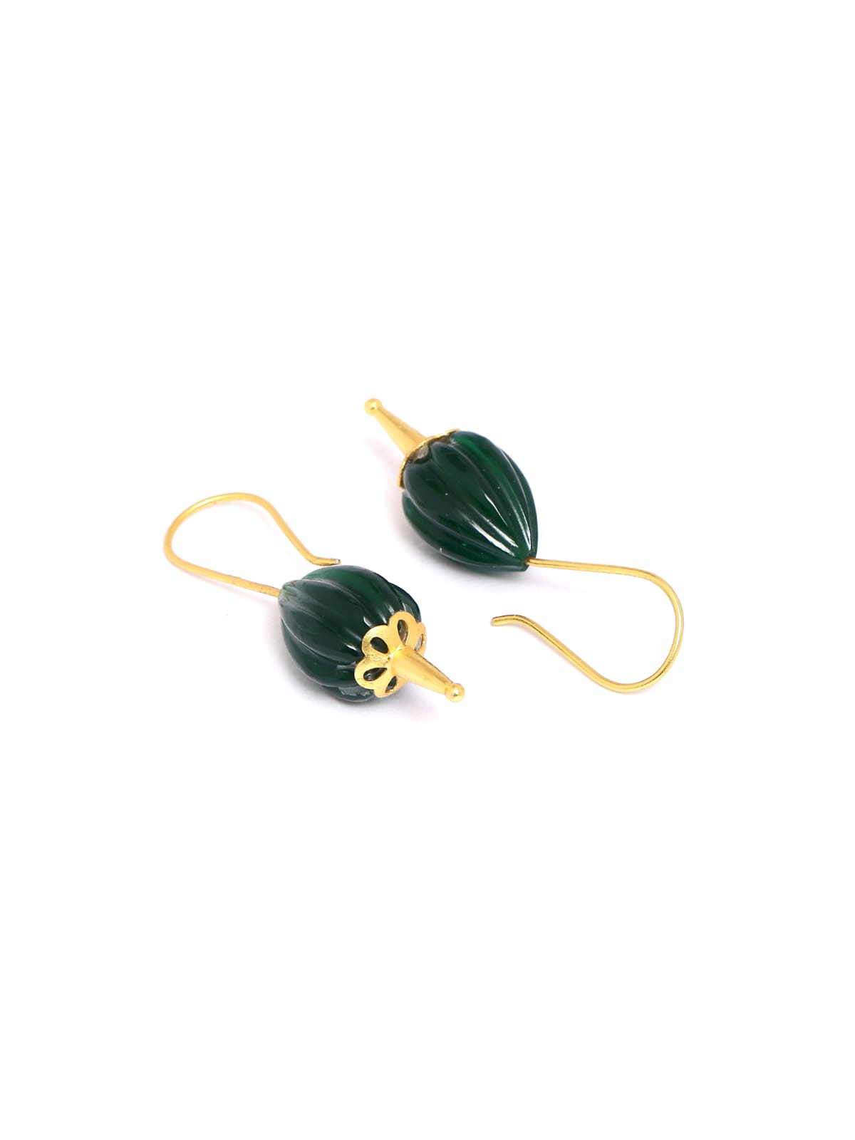 Gunjan earrings in 92.5 Sterling Silver handcrafted and dipped in 1 micron Gold plating, carved in green Melon Onyx.