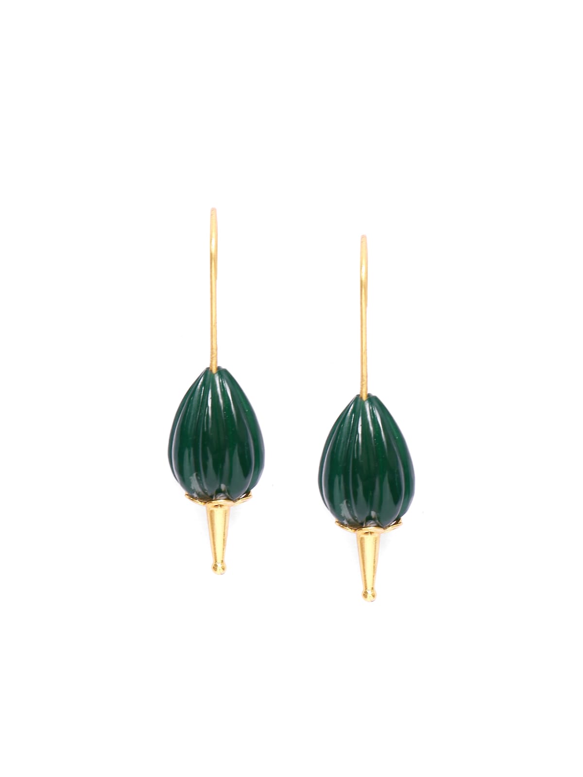 Gunjan earrings in 92.5 Sterling Silver handcrafted and dipped in 1 micron Gold plating, carved in green Melon Onyx.