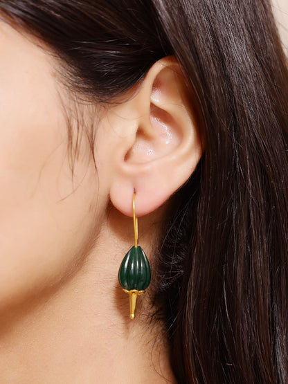 Gunjan earrings in 92.5 Sterling Silver handcrafted and dipped in 1 micron Gold plating, carved in green Melon Onyx.