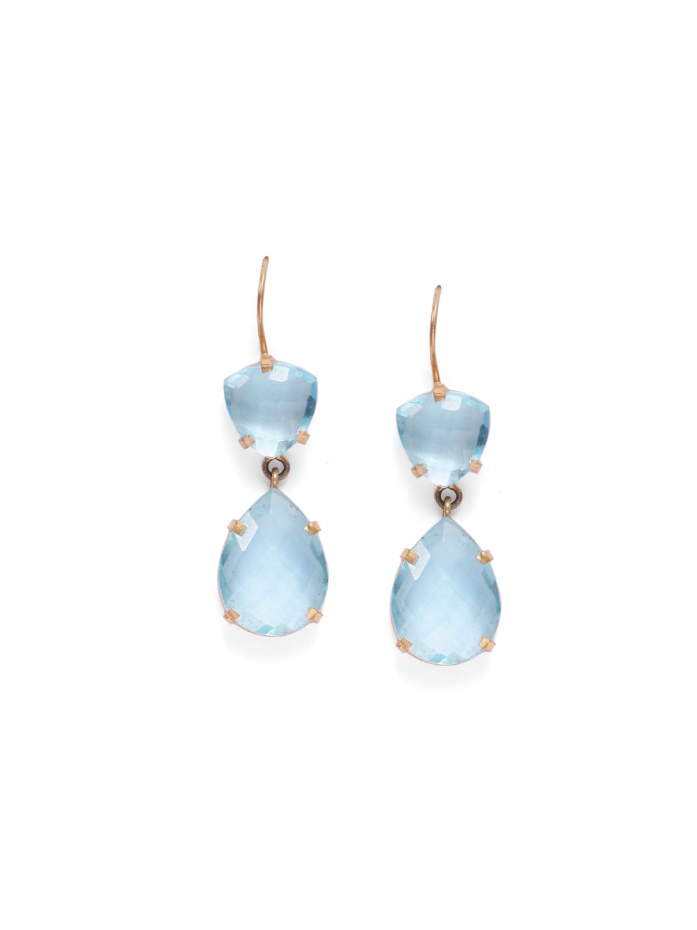 Blue Trillion earrings in 92.5 Sterling Silver handcrafted and dipped in 1 micron Gold plated earrings with Blue Quartz stones.