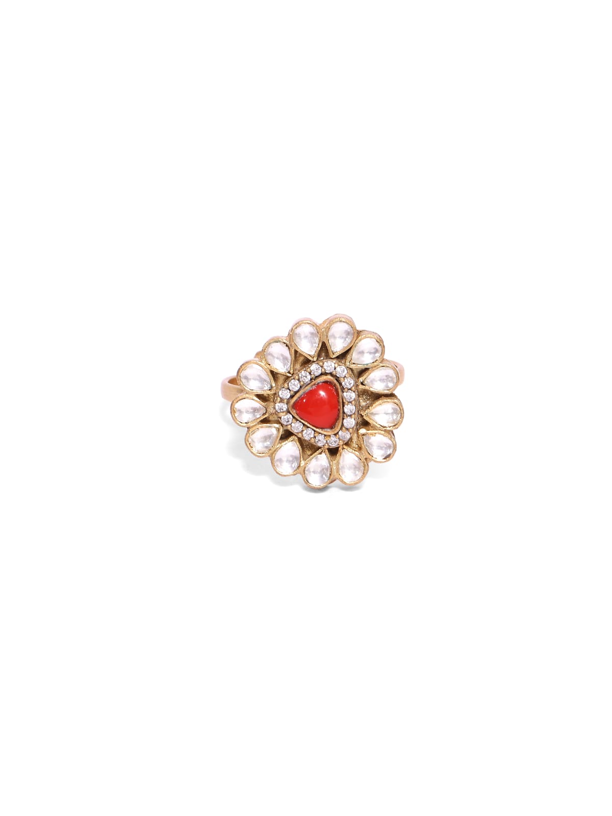 Munga Ring in 92.5 Sterling Silver handcrafted and dipped in 1 micron Gold plating in antique finish with Coral-Polki.