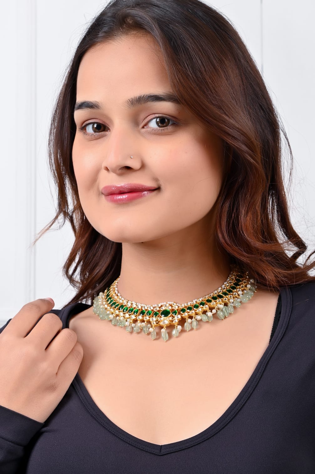 Albeli necklace in Silver Alloy dipped in 1 micron Gold plating with Jadau-Polki in a traditional antique finish.