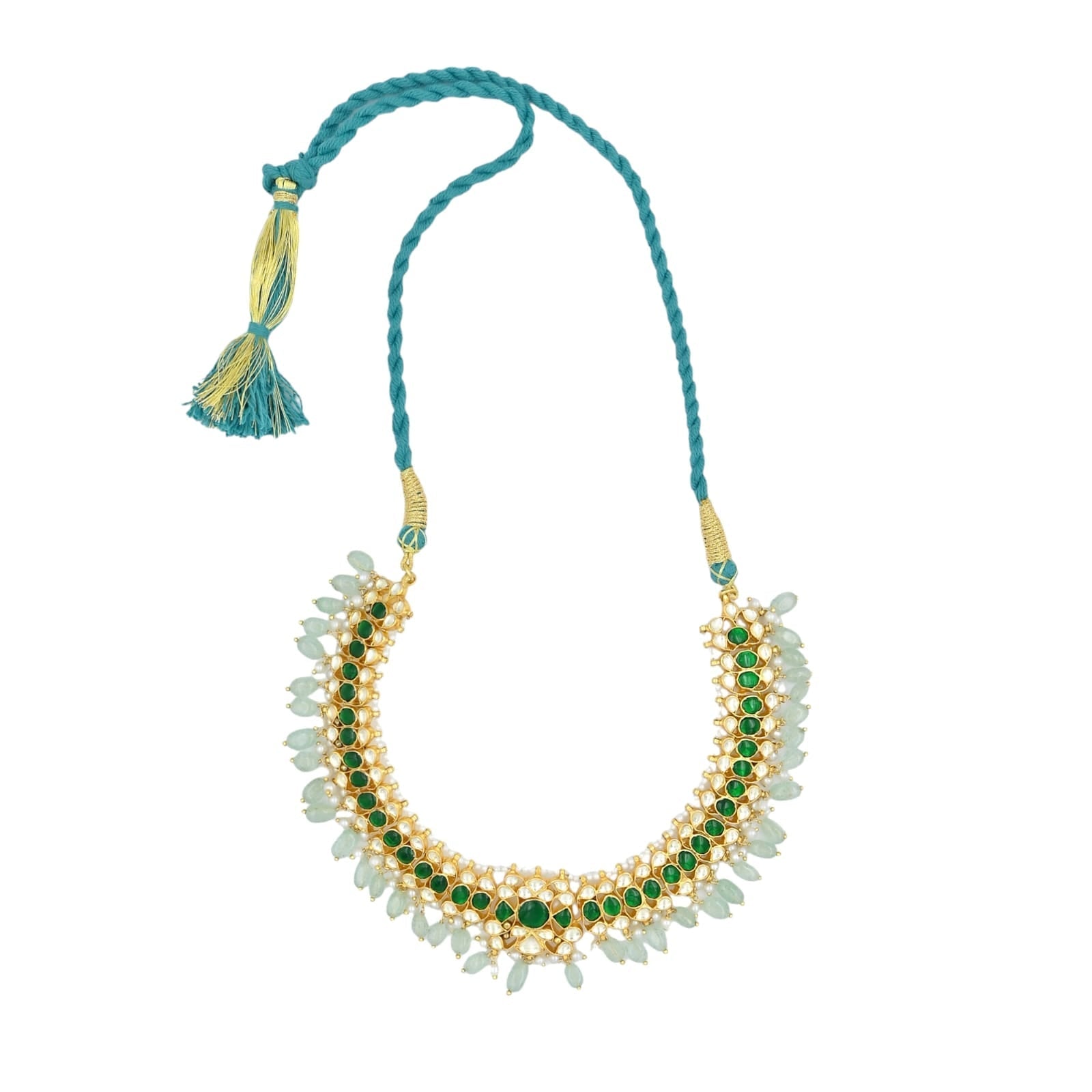 Albeli necklace in Silver Alloy dipped in 1 micron Gold plating with Jadau-Polki in a traditional antique finish.