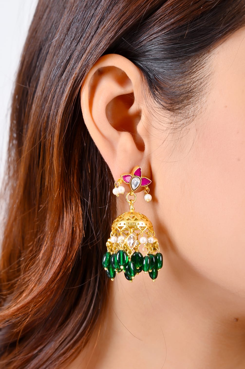 Jhumka in 92.5 Sterling Silver handcrafted and dipped in 1 micron Gold plating with a traditional Jadau-Polki.