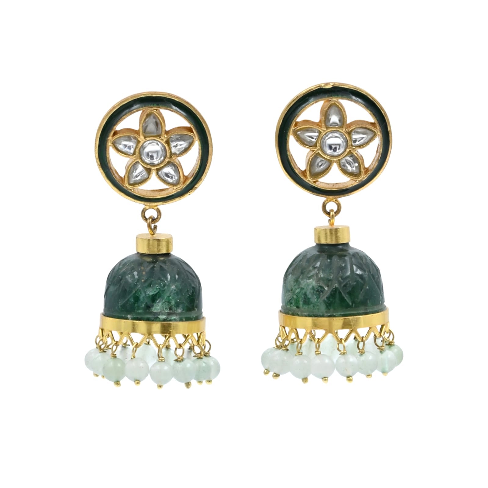 Stone Jhumka in 92.5 Sterling Silver handcrafted and dipped in 1 micron Gold plating with Jadau-Polki in traditional green Onyx.