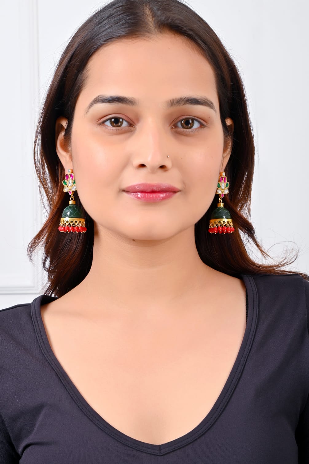 Stone Jhumka in 92.5 Sterling silver handcrafted and dipped in 1 micron Gold plating with Jadau-Polki traditional in Onyx dome.