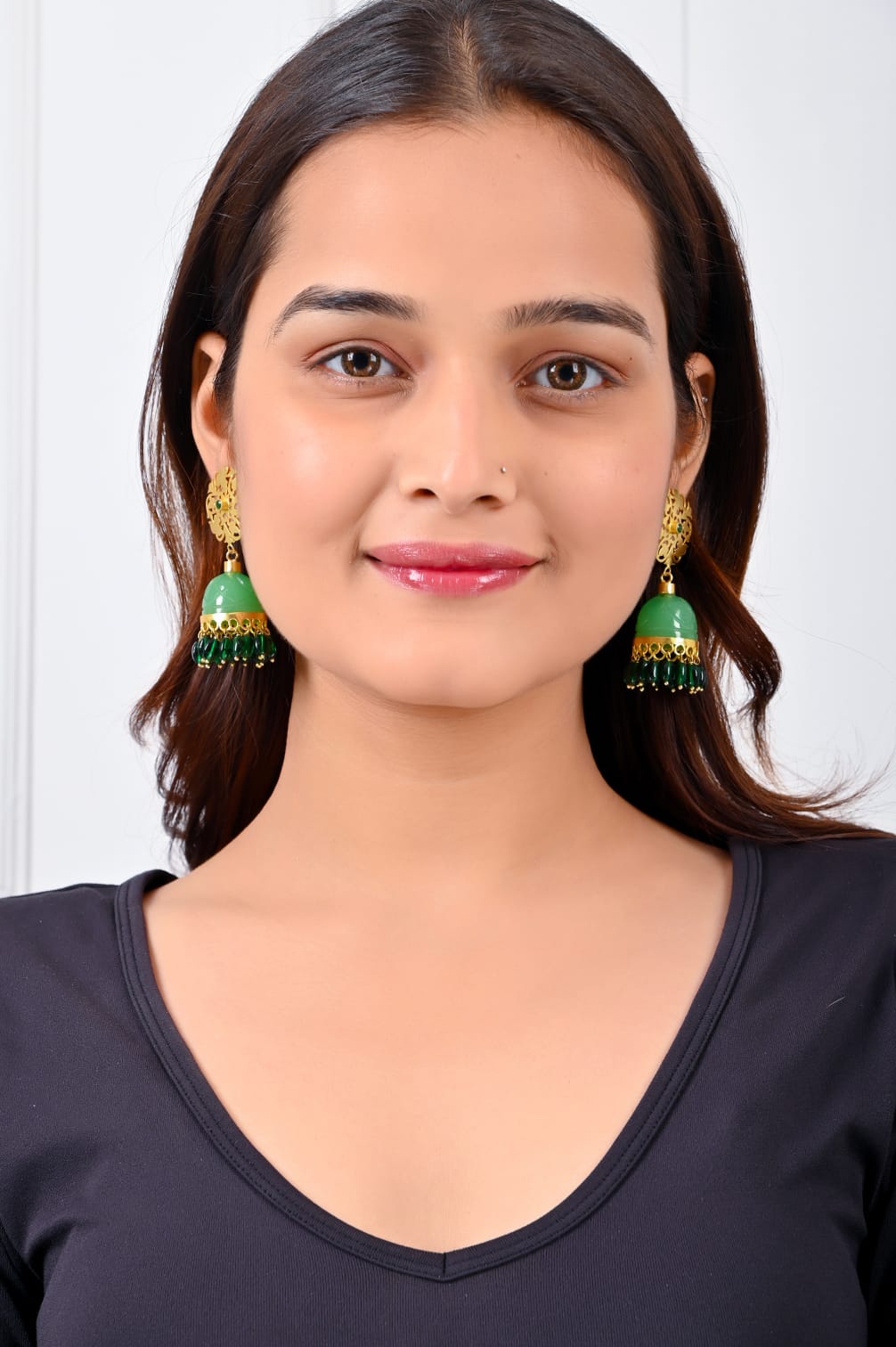 Stone Jhumka in 92.5 Sterling Silver handcrafted and dipped in 1 micron Gold plating in antique finish with grapes Aventurine in dome.