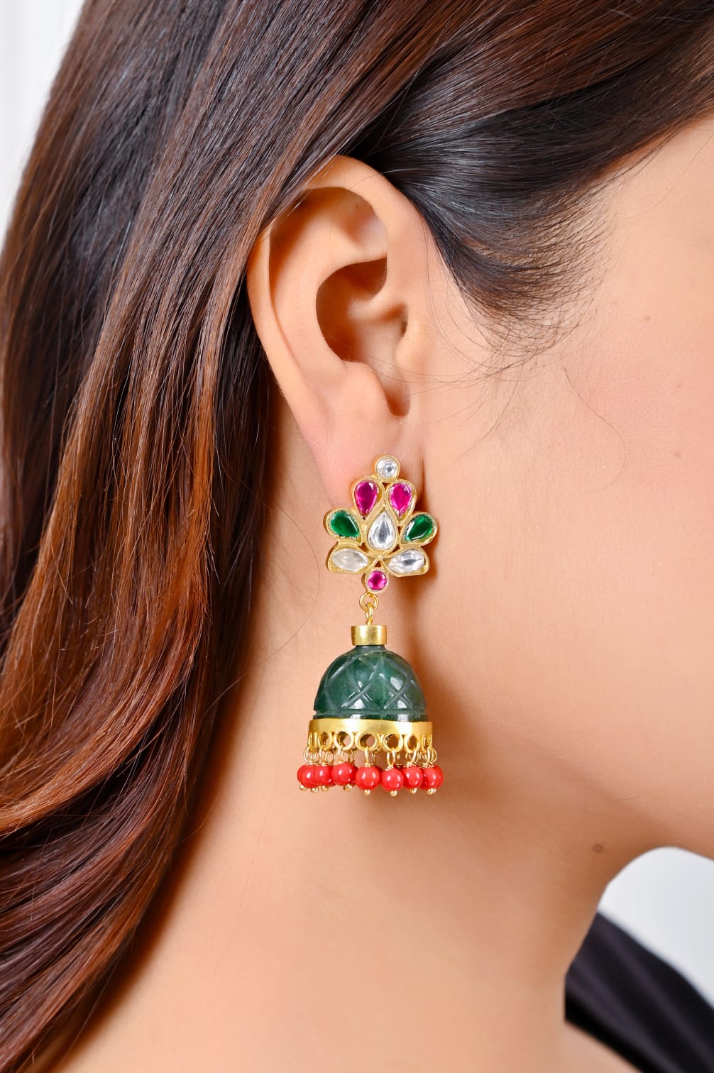 Stone Jhumka in 92.5 Sterling silver handcrafted and dipped in 1 micron Gold plating with Jadau-Polki traditional in Onyx dome.