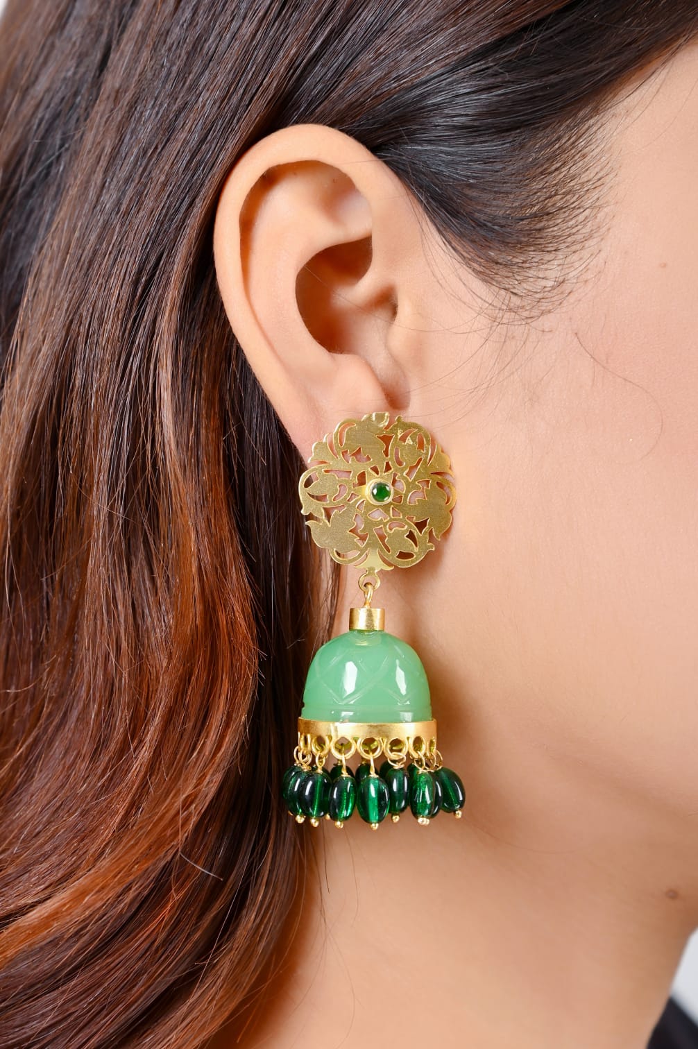 Stone Jhumka in 92.5 Sterling Silver handcrafted and dipped in 1 micron Gold plating in antique finish with grapes Aventurine in dome.