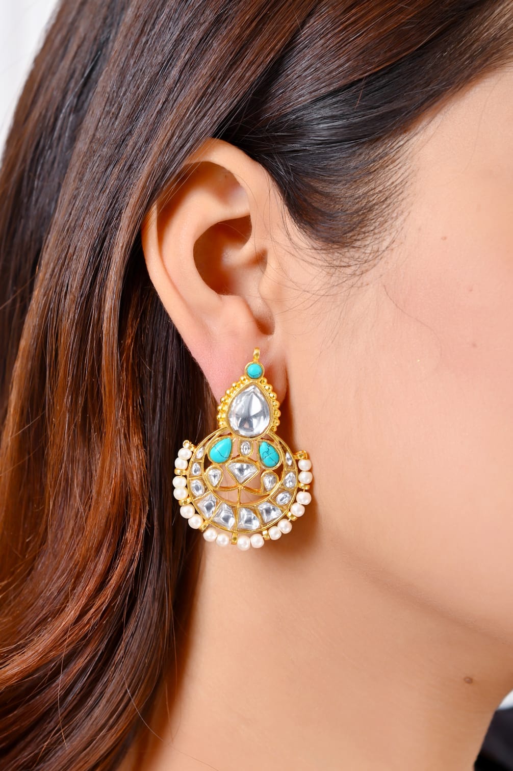 Earrings in 92.5 Sterling Silver handcrafted and dipped in 1 micron Gold plating in Jadau-Polki in  traditional Turquoise.