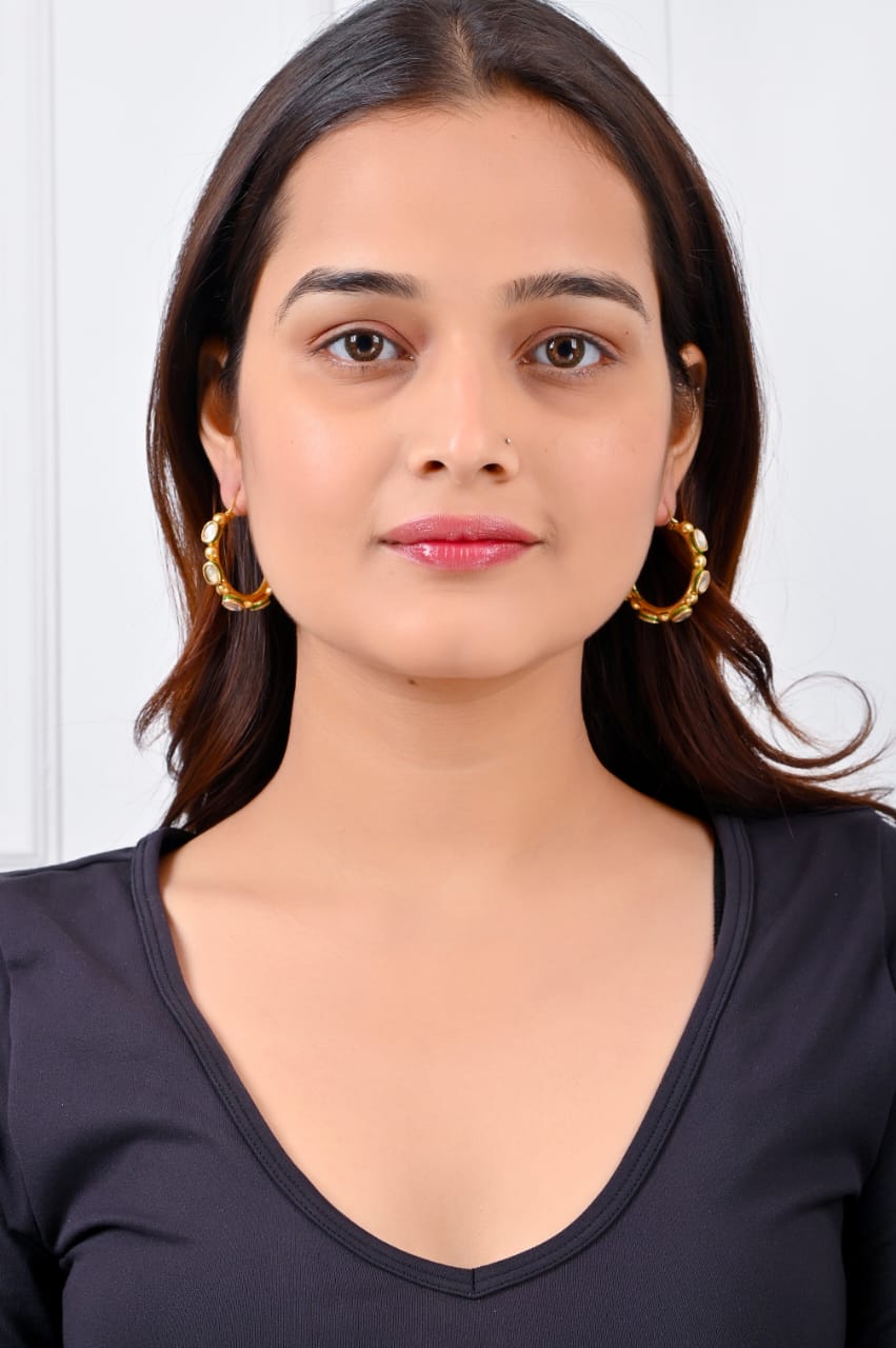Earrings-Hoops in 92.5 Sterling Silver handcrafted and dipped in 1 micron Gold plating with Jadau-Polki in Enamel.