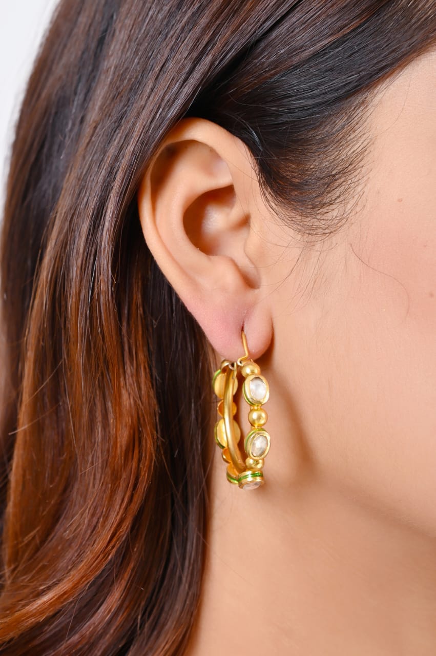 Earrings-Hoops in 92.5 Sterling Silver handcrafted and dipped in 1 micron Gold plating with Jadau-Polki in Enamel.