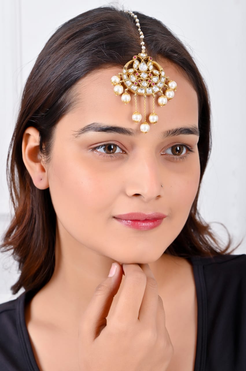 Maangtika in 92.5 Sterling Silver handcrafted and dipped in 1 micron Gold plating in Jadau, and traditional Polki-Pearls.