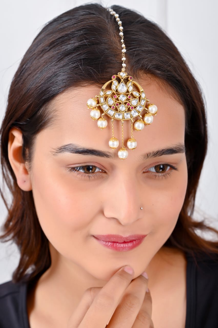 Maangtika in 92.5 Sterling Silver handcrafted and dipped in 1 micron Gold plating in Jadau, and traditional Polki-Pearls.