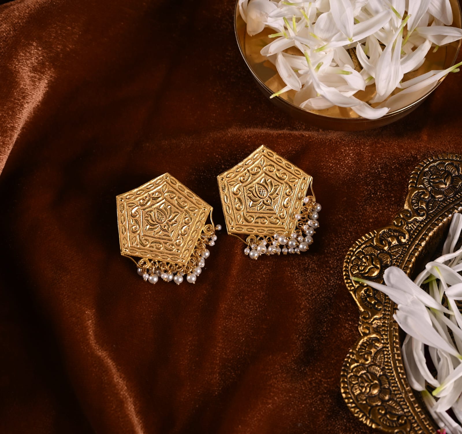 Lotus hexa studs in Silver Alloy with cultured pearls in Post-Push closure.