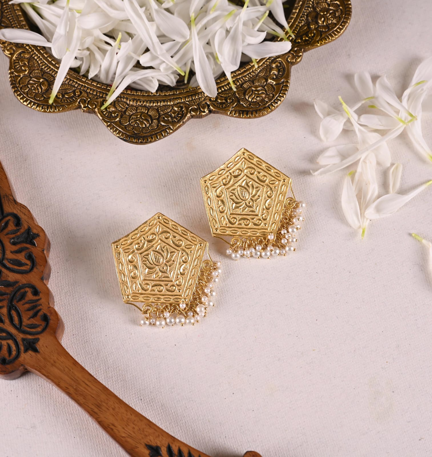 Lotus hexa studs in Silver Alloy with cultured pearls in Post-Push closure.