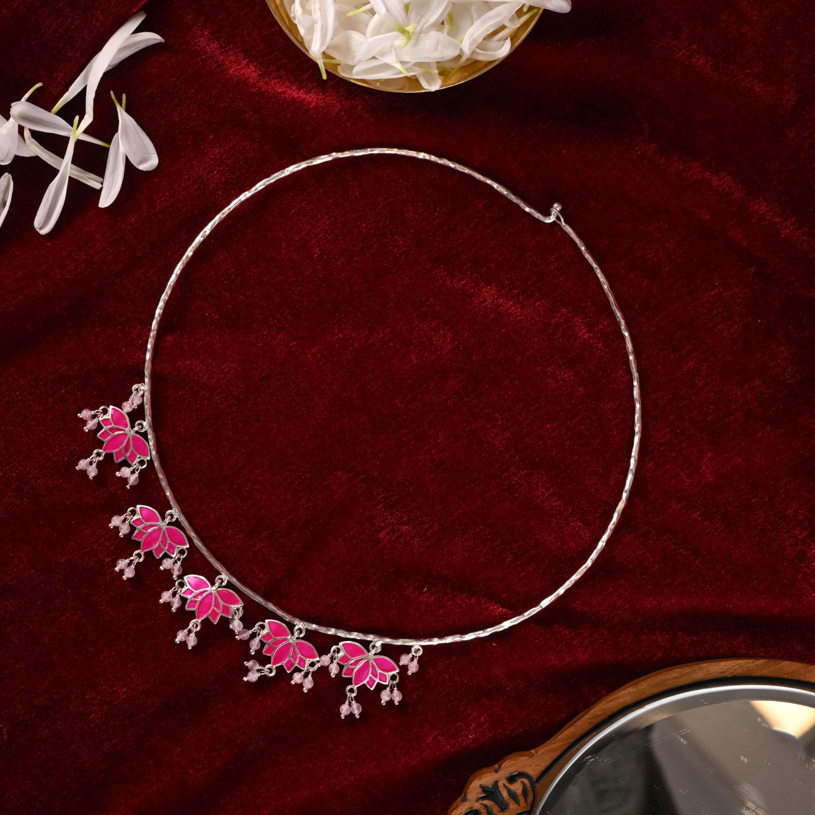 Gulaal-Hasli necklace in 92.5 Sterling Silver handcrafted and dipped in 1 micron Gold plating in antique Lotus-Enamel Hasli necklace.