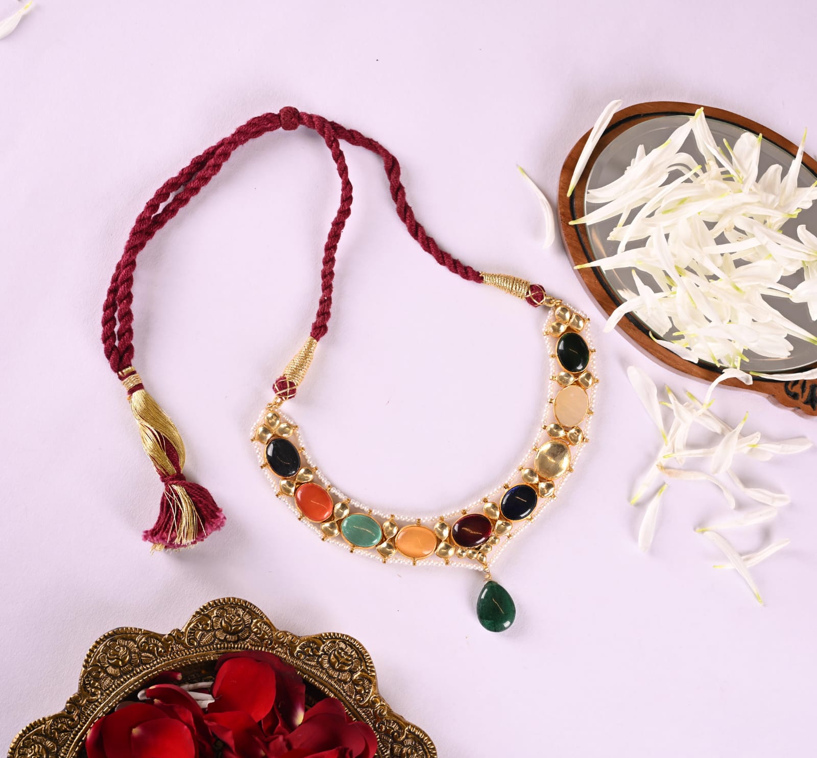 Padma necklace in 92.5 Sterling Silver handcrafted and dipped in 1 micron Gold plating with Jadau-Polki in traditional Navratna antique finish.